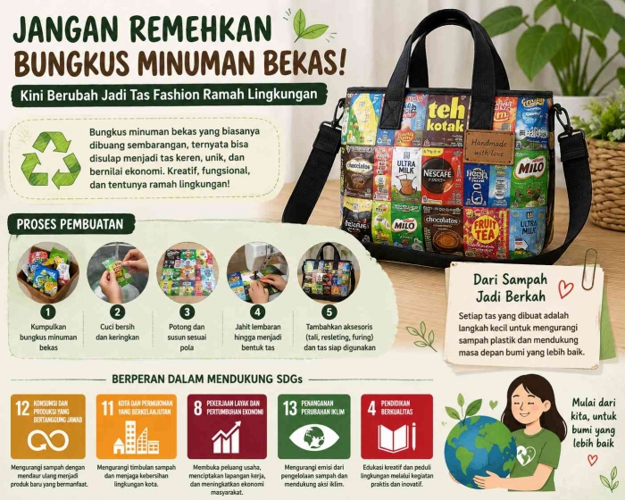 Mengubah bungkus minuman bekas menjadi tas fashion ramah lingkungan. (Sumber foto: Jandris_Sky/Gemini)