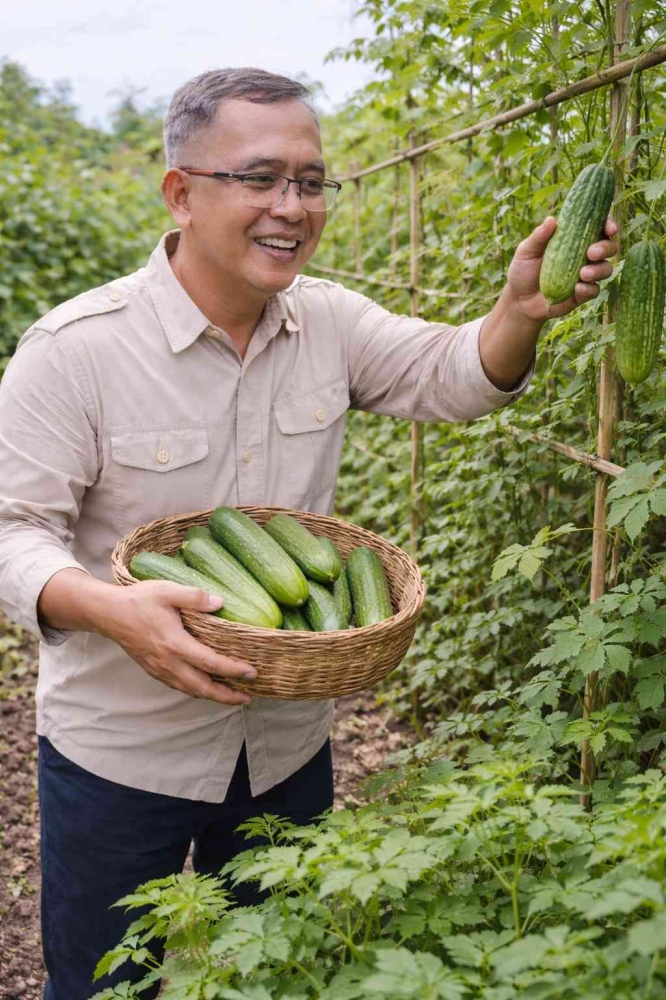 Memanen timun dan pare di kebun.(Sumber foto: Jandris_Sky)