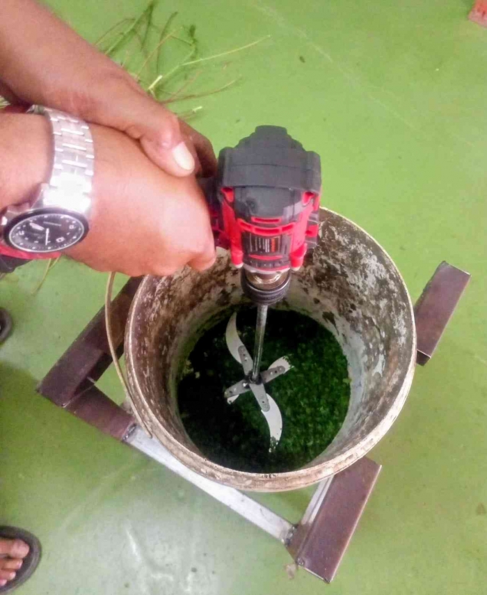 Pencacahan daun singkong, kangkung, dan sawi sebagai bahan pakan ayam. (Sumber foto: Jandris_Sky)