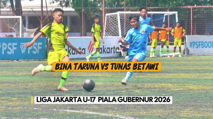 Bina Taruna kalahkan Tunas Betawi. Laga sengit pekan ke-5 Liga Jakarta U-17 Piala Gubernur 2026. Foto: Isson Khairul