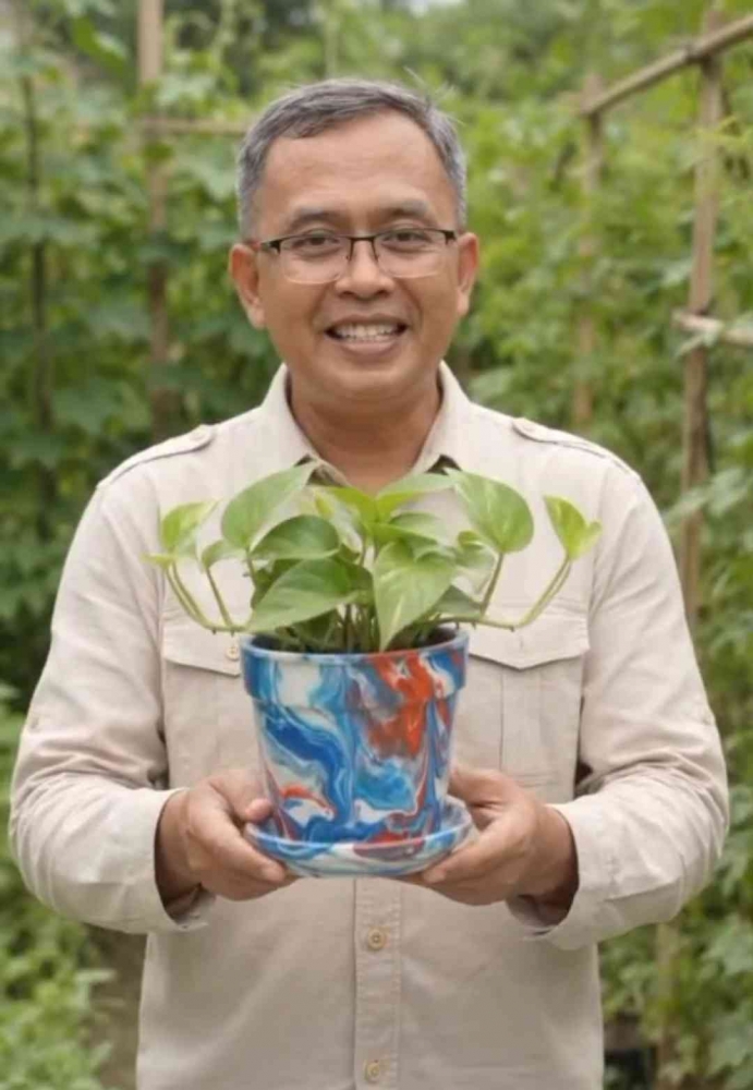 Limbah tutup botol plastik didaur ulang menjadi kreativitas pot bunga. (Sumber foto: Jandris_Sky)