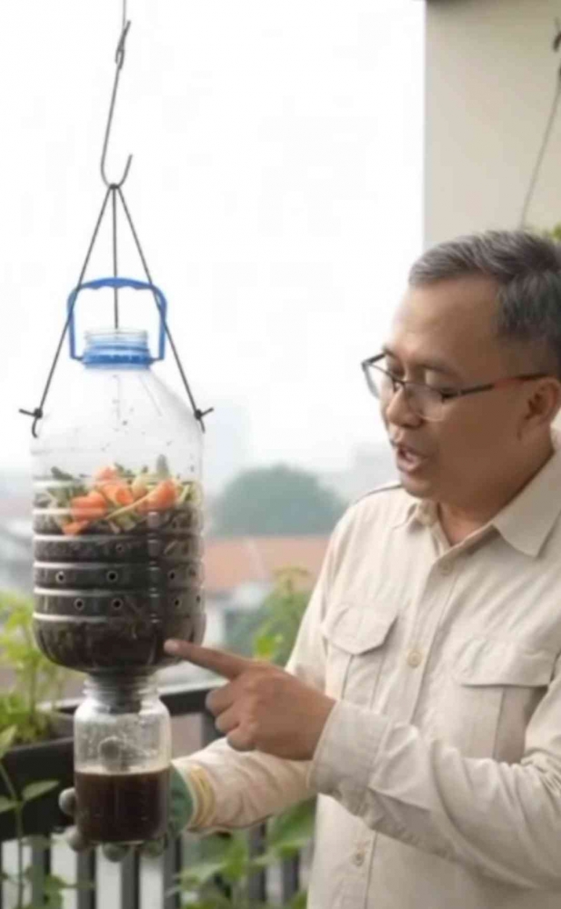 Galon bekas untuk komposter gantung sampah organik ramah lingkungan. (Sumber foto: Jandris_Sky)