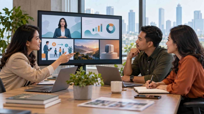 Ilustrasi AI berupa tim HR, procurement, dan marketing yang sedang meninjau konsep video AI bersama