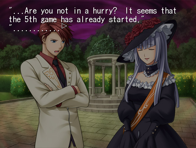 Tampilan saat bermain visual novel Umineko no Naku Koro ni. Percakapan antara 2 tokoh seperti novel