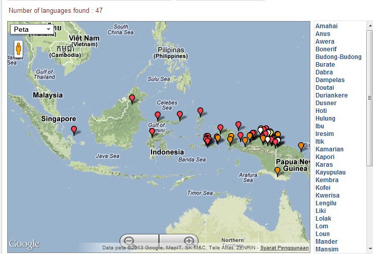 Sebaran & jumlah bahasa daerah di Indonesia yang hanya menyisakan penutur 1-100 orang (sumber : http://www.unesco.org