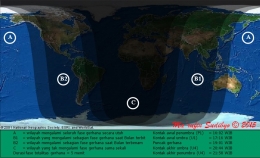 Gambar 3. Peta wilayah Gerhana Bulan Total 4 April 2015 untuk lingkup global. Perhatikan bahwa hanya di wilayah A dan B (baik B1 maupun B2) saja Gerhana Bulan ini bisa dilihat, sepanjang langit tak berawan. Sumber: Sudibyo, 2015. 