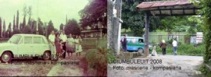 Tampak keluarga berfoto di seberang Wisma Siliwangi (sekarang sudah tidak ada) , tahun 1975, (kiri), dan lokasi yang sama di tahun 2008 (kanan)