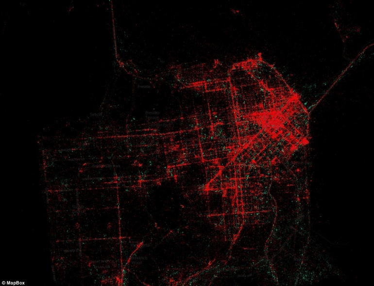 (Peta San Francisco | Titik Merah = Pengguna iOs, Titik Hijau = Pengguna Android | credit: Mapbox - dailymail.uk)