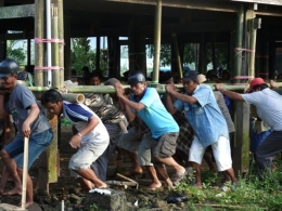 Warga Kampung Pakalu sedang bergotong royong mengangkat rumah