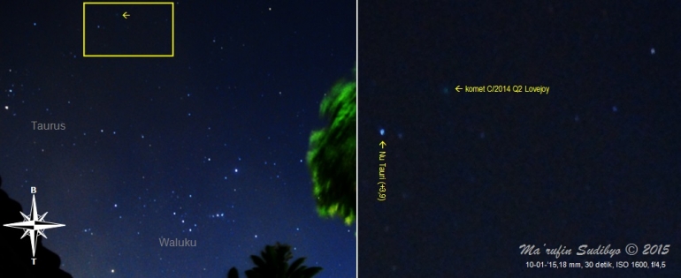 Gambar 2. Komet C/2014 Q2 Lovejoy dalam observasi hari kedua dalam kondisi langit sempurna. Kiri: kedudukan komet (tanda panah) dalam citra bidang lebar rasi bintang Taurus dan Waluku. Kanan: detil posisi komet dan bintang disekelilingnya, sebagai perbesaran dari kotak kuning dalam citra sebelah kiri. Diabadikan dengan Nikon D60 dan diolah dengan GIMP 2. Sumber: Sudibyo, 2015.