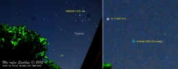 Gambar 6. Kiri: komet C/2014 Q2 Lovejoy pada observasi hari keempat, nampak menggantung di langit barat dengan latar depan pohon mangga. Kanan: perbesaran citra untuk area komet dan sekitarnya. Dibanding hari-hari sebelumnya, observasi di hari keempat ini menunjukkan komet berada dalam kondisi paling terang. Diabadikan dengan Nikon D60 dan diolah dengan GIMP 2. Sumber: Sudibyo, 2015. 