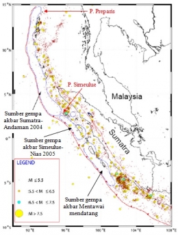 Gambar 5. Koordinat episentrum-episentrum gempa di sekujur pulau Sumatra sebelum 26 Desember 2004 TU. Nampak ada tiga lokasi dengan geometri tertentu yang episentrum gempanya lebih jarang dibanding sekitarnya, pertanda zona subduksinya terkunci. Lokasi jarang gempa yang paling utara kemudian menjadi sumber gempa akbar Sumatra-Andaman 2004 (9,3 SM) pada 26 Desember 2014 TU. Sementara lokasi tengah menjadi sumber gempa akbar Simeulue-Nias 2005 (8,7 SM) pada 28 Maret 2005 TU. Dan lokasi paling selatan adalah sumber gempa akbar Mentawai, yang saat ini belum terjadi. Sumber: Natawidjaja, 2007 dengan teks oleh Sudibyo, 2014. 