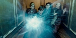 Harry spelled the Death Eaters who tried to catch him and Mary in the elevator of Ministry of Magic.