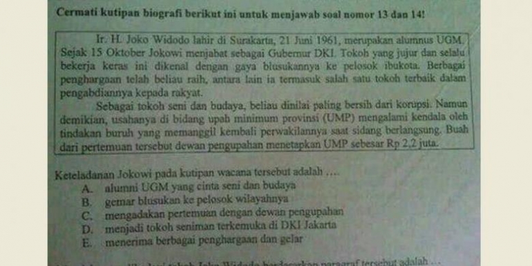 Naskah Ujian Nasional Bahasa Indonesia yang berisi soal terkait keteladanan Gubernur DKI Jakarta Joko Widodo beredar di dunia maya / kompas.com