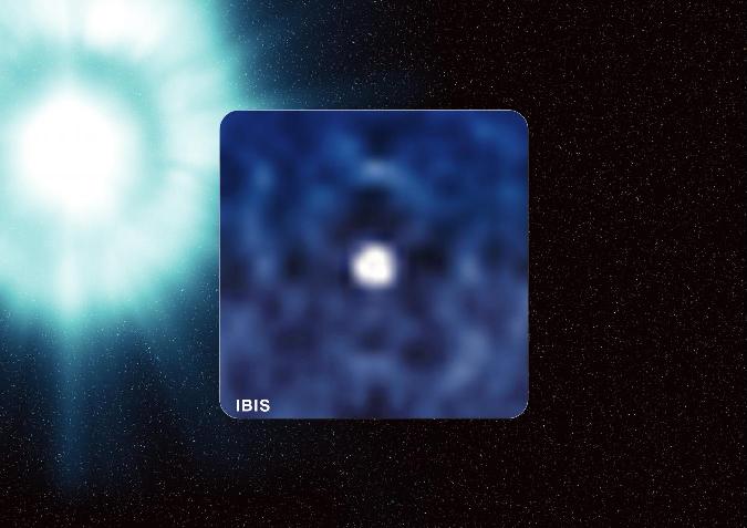 Gambar 1 : Instrumen IBIS milik Integral menangkap Ledakan Sinar Gamma (LSG) tanggal 19 Desember 2004 yang sekarang tengah dianalisis oleh Philippe Laurent dan rekan - rekannya secara detail. Ledakan itu amat terang sehingga Integral dapat mengukur polarisasinya juga, yang memungkinkan Laurent dkk untuk mendeteksi perbedaan pada sinyalnya berdasarkan perbedaan energi. LSG yang diperlihatkan di sini, pada 25 Desember 2002, adalah yang pertama ditangkap menggunakan kamera sinar gamma berkekuatan tinggi milik Integral. Ketika terjadi ledakan pada bintang, LSG bersinar seterang seratus galaksi yang setiap galaksi memuat satu milyar bintang.