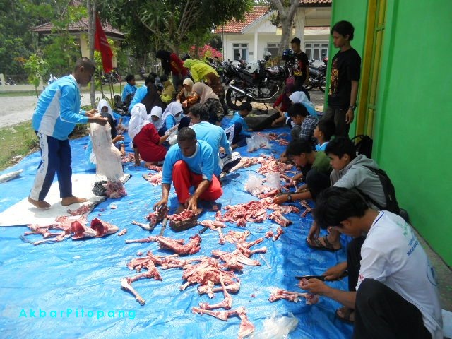 salah seorang siswa yang asli Papua sangat bersemangat menangani daging kurban.. 