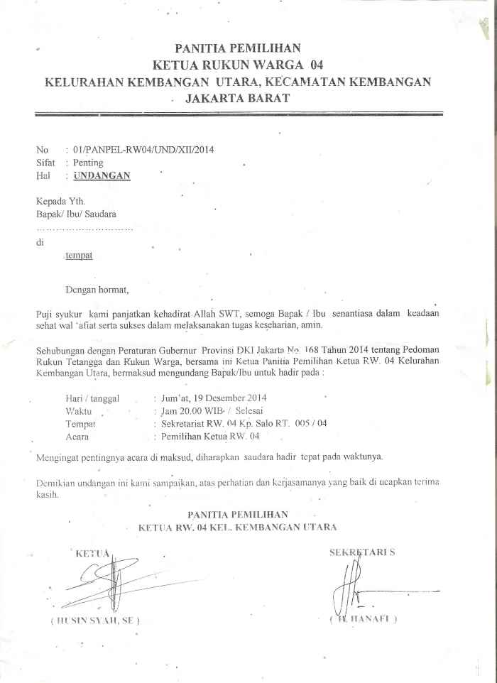 Contoh Surat Undangan Pemilihan Ketua RW