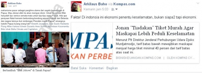 mekanisme pasar sebagai panglima utama dari segala kepentingan di Papua. Mau Jokowi efek tra akan mempan disini. Untuk itu Jokowi Efek hanyalah lips service semata (screenshot kompas dan facebook)