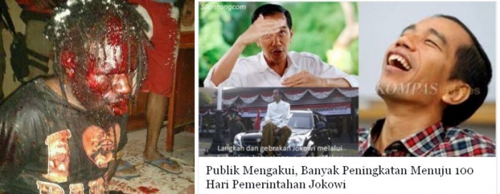 100 hari Papua Berdarah (screenshot dan foto, kiri: Seorang Warga Papua di Timika berdarah usai di siksa aparat setempat, kanan-menuju 100 hari pemerintahan Jokowi